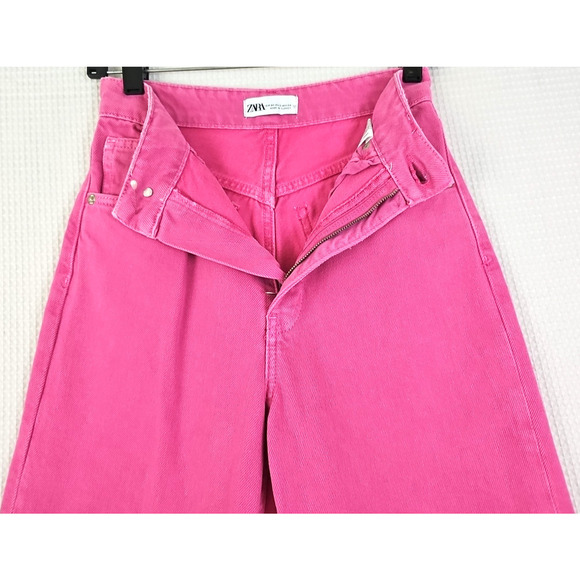 Zara Jeans ~Womens 2~ Pink Wide Leg High Rise Denim Raw Edge Hem Bright Barbie. - Picture 11 of 14